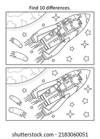 Spaceship or rocket in outer space. Find 10 differences picture puzzle and coloring page. Black and white.
