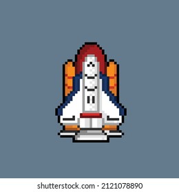 spaceship with rocket in pixel art style