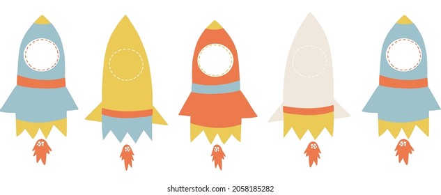 Spaceship rocket seamless vector border. Rocket ship repeating background. Cute childish scieince illustration banner. Explorer kids design for footer, header, fabric trim, card decor.