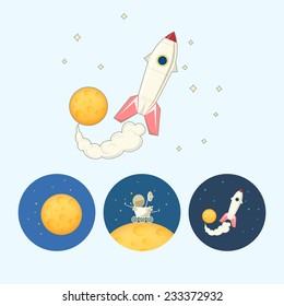 Spaceship , rocket.  Set from 3 round colorful icons, planet with stars, planet rover goes on the moon,   spaceship flies up from the moon,   vector illustration