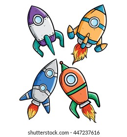 Spaceship or rocket set with doodle art on white background