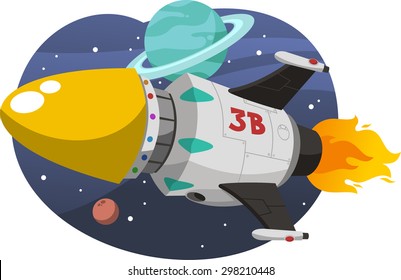 Spaceship Rocket Ship Space Exploration with Saturn and stars, vector illustration cartoon. 