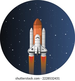 Spaceship Rocket Shuttle fly beyond the Sky in Outer Space for Travel Exploration Mission on Round Background Isolated Vector Illustration, Good for children Science Astronomy Content 