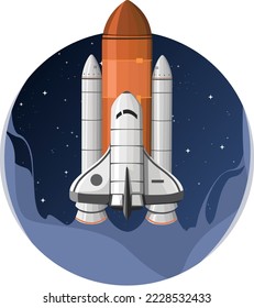 Spaceship Rocket Shuttle Launch to The Dark Starry Sky in Outer Space for Travel Exploration Mission on Round Background Isolated Vector Illustration, Good for Science Astronomy Content 