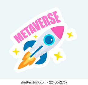 Spaceship rocket in space of metaverse virtual reality. Vector illustration in cartoon sticker design