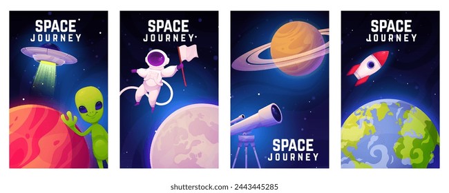 Spaceship rocket, space posters. Alien and cosmonaut cartoon style drawing, cute astronaut. Collection computer cosmic, funny galaxy game cover. Glow missile, poster UFO. Vector illustration set