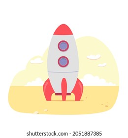Spaceship rocket standing on surface of alien planet, ready for space launch vector illustration. Cartoon cute rocketship shuttle on start, science travel technology, startup concept isolated on white