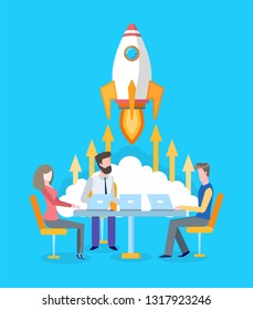 Spaceship or rocket start, team developing startup vector. Brainstorming and project development, workers or developers at laptops, teamwork and spacecraft