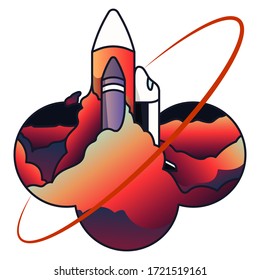 La nave espacial con cohetes todavía unidos en ella está llena de humo, ilustración vectorial de cohetes 