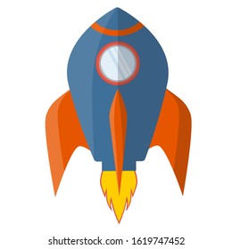 Spaceship rocket symbol. White, red, blue, yellow color. Design for t-shirt prints, greeting cards, parties, posters, stickers or decor, template. Vector stock illustration. Isolated on a white.