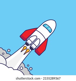 Spaceship with rocket taking off icon cartoon on blue background