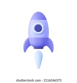 Spaceship rocket. Toy rocket upswing ,spewing smoke. Startup, space, business concept. 3d vector icon. Cartoon minimal style.