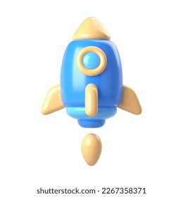 cohete de nave espacial. Cohetes de juguete en alza, humo escupiendo. Inicio, espacio, concepto de negocio. Icono vectorial 3d. Dibujo de estilo mínimo.