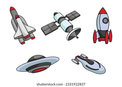 Spaceship Rocket Ufo Doodle, Hand Drawn Set 