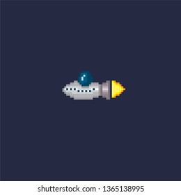 Spaceship, rocket, UFO. Pixel art. Old school computer graphic. 8 bit video game. Game assets 8-bit sprite. Games elements.