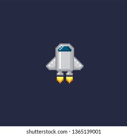 Spaceship, rocket, UFO. Pixel art. Old school computer graphic. 8 bit video game. Game assets 8-bit sprite. Games elements.