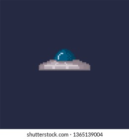 Spaceship, rocket, UFO. Pixel art. Old school computer graphic. 8 bit video game. Game assets 8-bit sprite. Games elements.