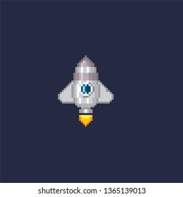 Spaceship, rocket, UFO. Pixel art. Old school computer graphic. 8 bit video game. Game assets 8-bit sprite. Games elements.