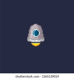 Spaceship, rocket, UFO. Pixel art. Old school computer graphic. 8 bit video game. Game assets 8-bit sprite. Games elements.