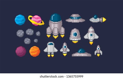 Spaceship, rocket, UFO, planet, asteroid set. Pixel art. Old school computer graphic. 8 bit video game. Game assets 8-bit sprite. Games elements.