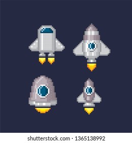 Spaceship, rocket, UFO set. Pixel art. Old school computer graphic. 8 bit video game. Game assets 8-bit sprite. Games elements.