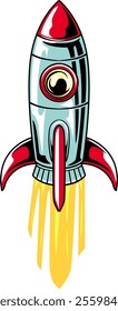 Spaceship Rocket in Vector Cartoon Illustration Design for sticker, badge, patch, banner, greeting card, invitation