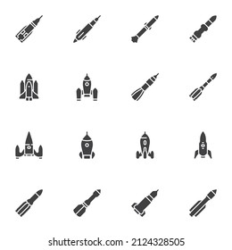 Juego de iconos de vectores de cadera espacial y cohete, colección moderna de símbolos sólidos, paquete de pictogramas estilo relleno. Señales, ilustración del logotipo. El conjunto incluye iconos como satélite, cohete de misión, transbordador espacial