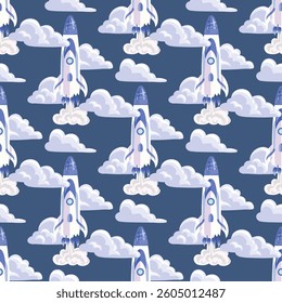 Spaceship rockets seamless pattern, International day of human space flight vector illustration	
