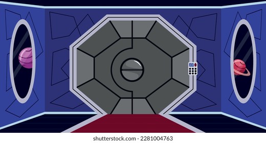 Spaceship room vector illustration. Metal sliding doors with code. View of the planets from the window of the space machine. The latest technology from the future.