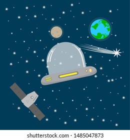 Spaceship and satellite over a space background - Vector