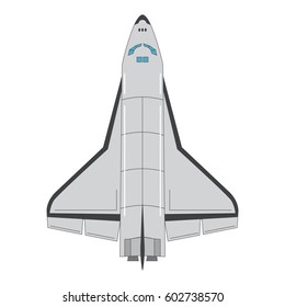 The spaceship for scientific researches and flights.Space vehicle for astronauts.A concept of design of an icon for the website or games.The space plane with wings and the rocket engine flat vector
