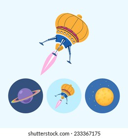 Spaceship.  Set from 3 round colorful icons, saturn planet ,  spaceship, UFO, moon with stars,  vector illustration