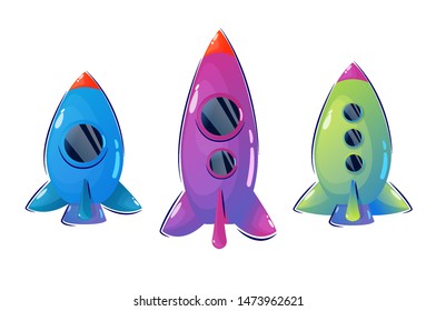 Spaceship set in cartoon style. Vector icons for web design isolated on white background