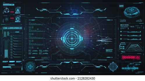 Spaceship or shuttle aircraft digital screen interface in hud style. High-tech screen. Graphic interface design for video games. Holographic head-up display screen scope control panel frame. Vector