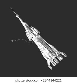 Spaceship with shuttle, hand drawn illustration in vector, spacecraft sketch in retro futuristic style