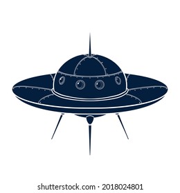 Spaceship Silhouette. Hand drawn spacecraft icon. UFO sketch template for logo, emblem, Web design, Print, Sticker, Card