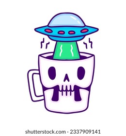 Spaceship and skull mug, illustration for t-shirt, sticker, or apparel merchandise. With doodle, retro, and cartoon style.