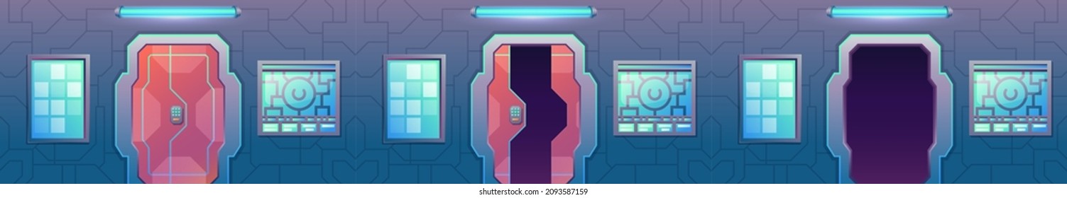 Spaceship sliding gate, futuristic laboratory door open animation. Closed spacecraft, shuttle metal entrance. Sci-fi game vector background. Illustration of metal futuristic technology spaceship svg
