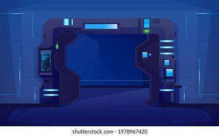 Spaceship sliding open door with blue lamps. Background for games and mobile applications. Vector cartoon background