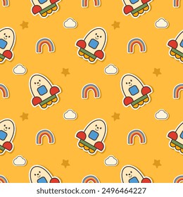 Spaceship smile cartoon so cute. On rainbow star cloud yellow background. Pattern seamless vector illustration. 
