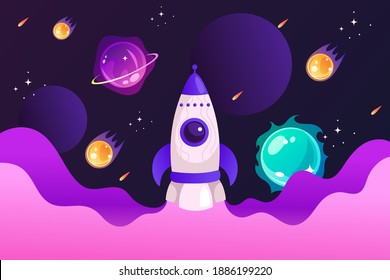 Spaceship And Solar System. Colorful Planets, Rocket, Galaxy And Universe. Space Cartoon Childrens Poster. Vector Modern Illustration. Template For Landing Page, Banner, Poster. EPS10