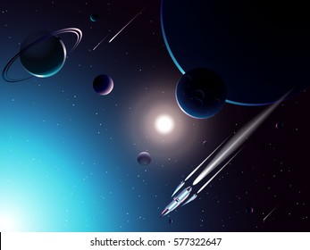 spaceship and solar system and comet in universe