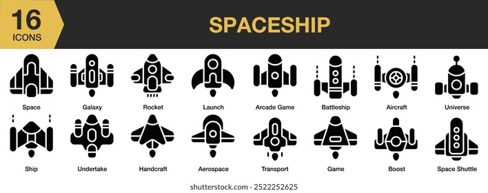 Conjunto de iconos sólidos de la nave espacial. Incluye aeroespacial, aviones, juegos de arcade, acorazados y más. Colección de Vector de iconos sólidos.