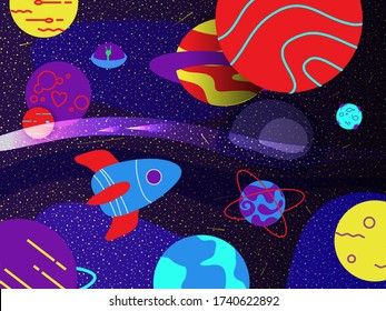 Spaceship in space. Abstract education, school, sience, space concept. Modern flat style vector illustration. Elements for web design