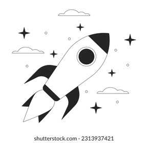 Spaceship in space bw vector spot illustration. Shuttle in orbit 2D cartoon flat line monochromatic object for web UI design. Rocket flying in space between stars editable isolated outline hero image