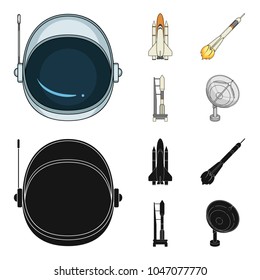 A spaceship in space, a cargo shuttle, A launch pad, an astronaut's helmet. Space technology set collection icons in cartoon,black style vector symbol stock illustration web.