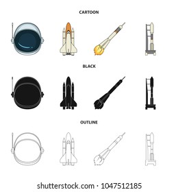 A spaceship in space, a cargo shuttle, A launch pad, an astronaut helmet. Space technology set collection icons in cartoon, black, outline style vector symbol stock illustration web.