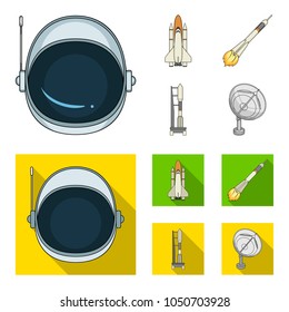 A spaceship in space, a cargo shuttle, A launch pad, an astronaut helmet. Space technology set collection icons in cartoon,flat style vector symbol stock illustration web.
