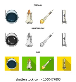A spaceship in space, a cargo shuttle, A launch pad, an astronaut helmet. Space technology set collection icons in cartoon,flat,monochrome style vector symbol stock illustration web.