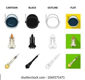 A spaceship in space, a cargo shuttle, A launch pad, an astronaut helmet. Space technology set collection icons in cartoon,black,outline,flat style vector symbol stock illustration web.